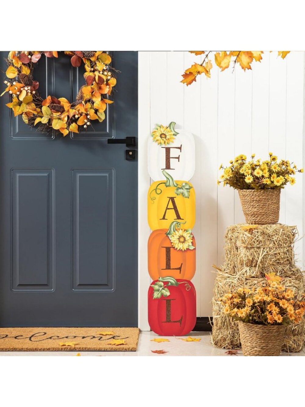 Rustic Wooden Fall Pumpkin Porch Sign | Farmhouse Autumn Decor with Sunflowers